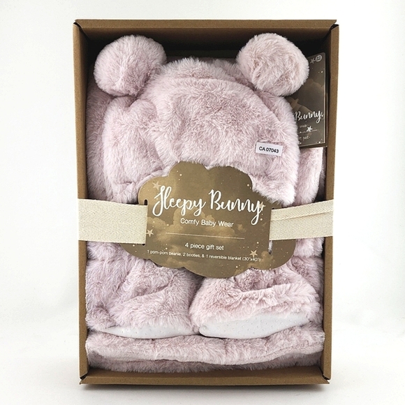 Sleepy Bunny Comfy Pink Baby Wear Super Plush 4pc Gift Set Beanie Boots Blanket - Picture 1 of 11